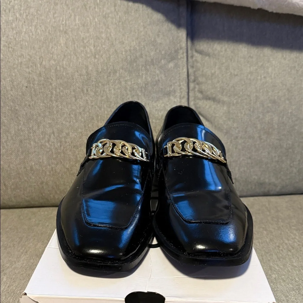Aldo Black Leather Loafers with Gold Chain Trim